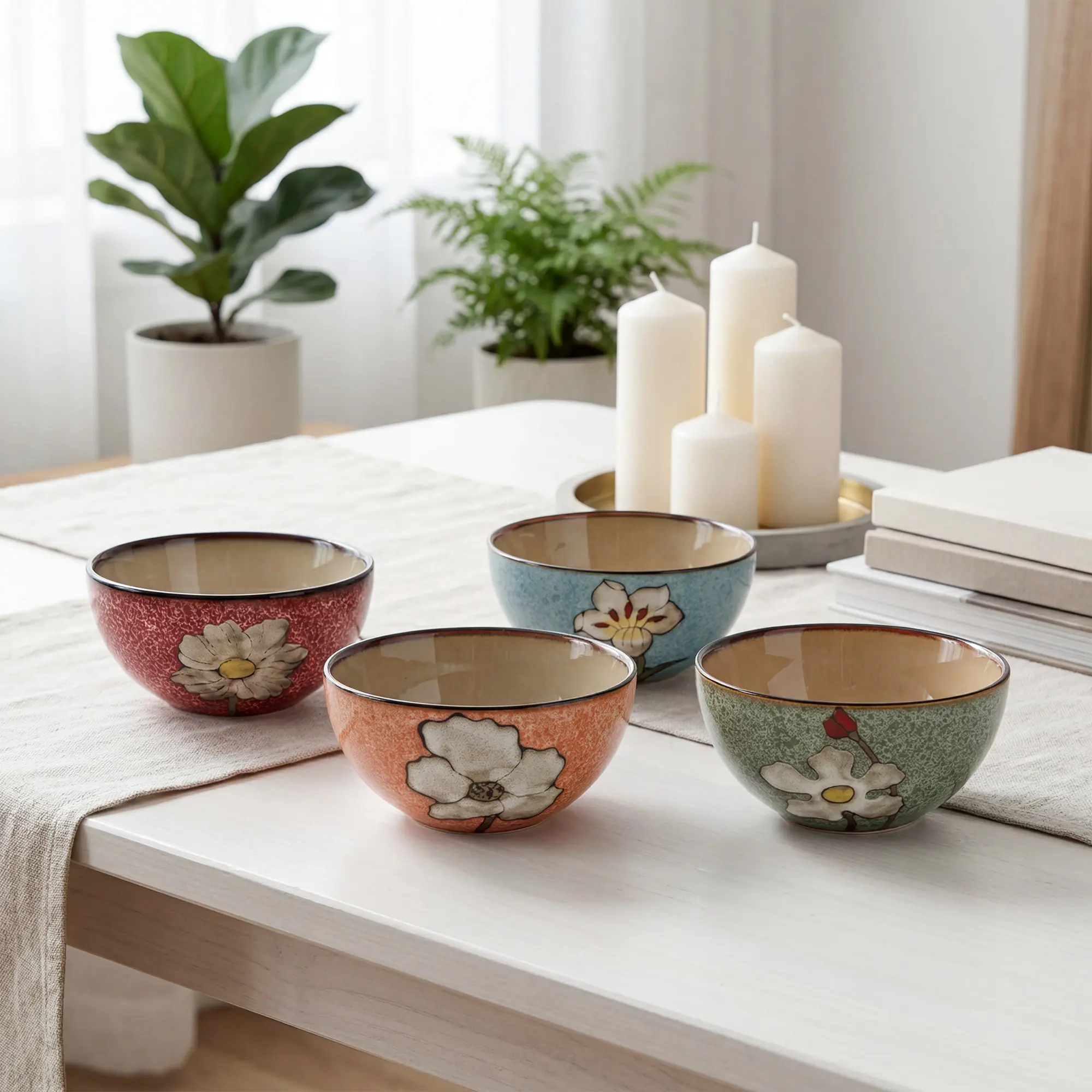 4 Pcs 6 Inch Hand-Painted Underglaze Ceramic Cereal Bowls Set, 4 Floral Color Designs Dishwasher Microwave Oven Safe Ceramic Bowls for Soup Salad Breakfast Daily Dining