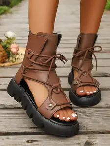 Women's Fashion Retro Thick Sole Tie-Strap Sandals, Casual Versatile Zip Design Summer Shoes, Lightweight Breathable Rubber Footwear for Daily Wear