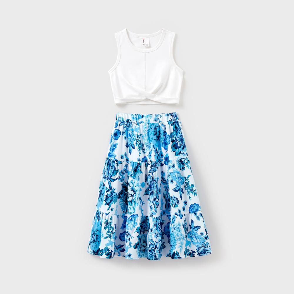 PatPat Family Matching Outfits White Camisole Top and Blue Floral Print Skirt Co-ord Set or Colorblock Short-sleeve T-shirt