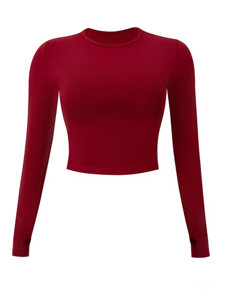 Women's Seamless Knitted Long-Sleeved Sports T-Shirt, Slim-fit, slimming, waist-cinching, Quick-drying, elastic thumb holes, Sports tight-fitting, breathable running, Yoga wear, Gym Tops, Fitness Running Tops