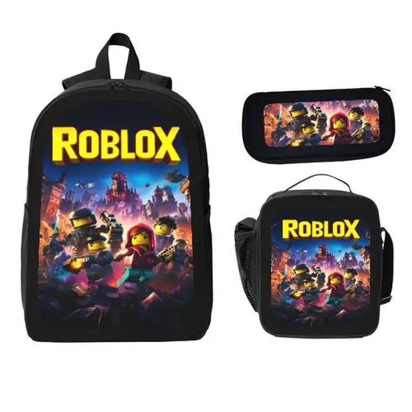 Gaming‑Themed 3PCS Roblox Backpack Kit, Printed School Bag with Insulated Lunchbox & Pencil Case for Children Boys Girls