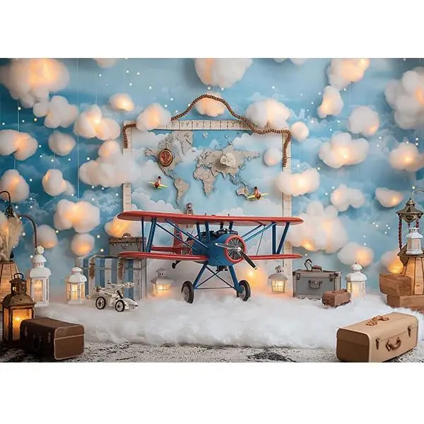 Airplane Cloud Travel World Backdrop Background Cloth, Aviation Theme Tapestry Wall Hanging Photography Background Premium Polyester Fabric, Travel Party Decor, Newborn Baby Shoot, Child Portrait Setup, Photo Studio Background, Event Decoration