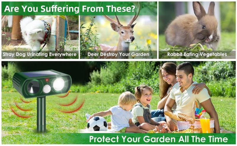 Solar Powered Ultrasonic Animal Repellent - Outdoor Safe Cat Repellent with Infrared Motion Sensor - Waterproof Deterrent to Scare Away Skunks, Rabbits, Raccoons, Snakes, Dogs, Bears, and Squirrels for Yards