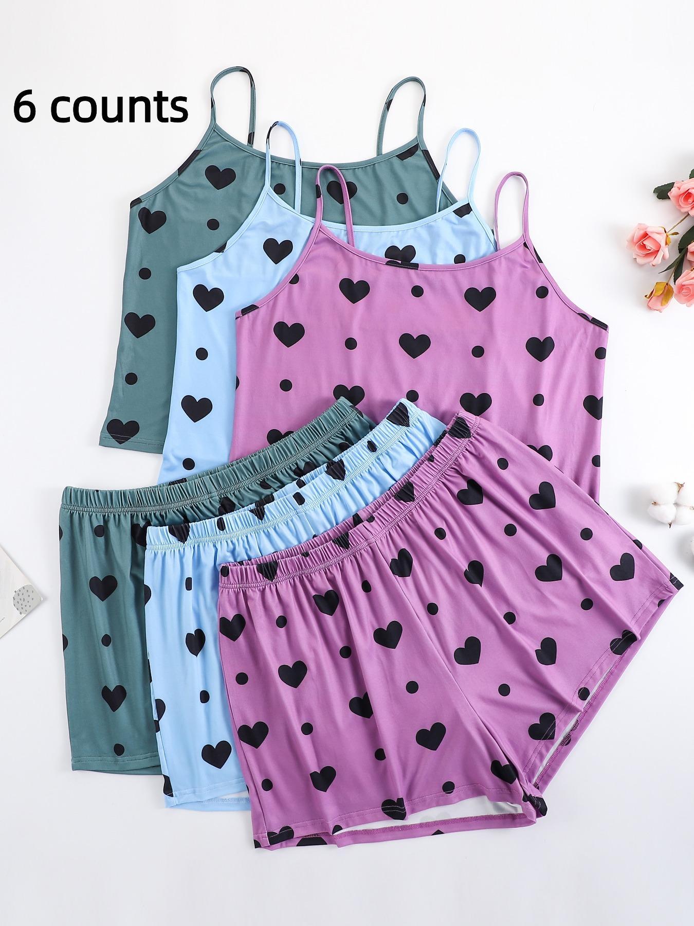 Plus Size Heart Print Elastic Waist Pyjama Set, Casual Sleeveless Spaghetti Strap Cami Top & Shorts PJ Set, Women's Sleepwear for All Seasons
