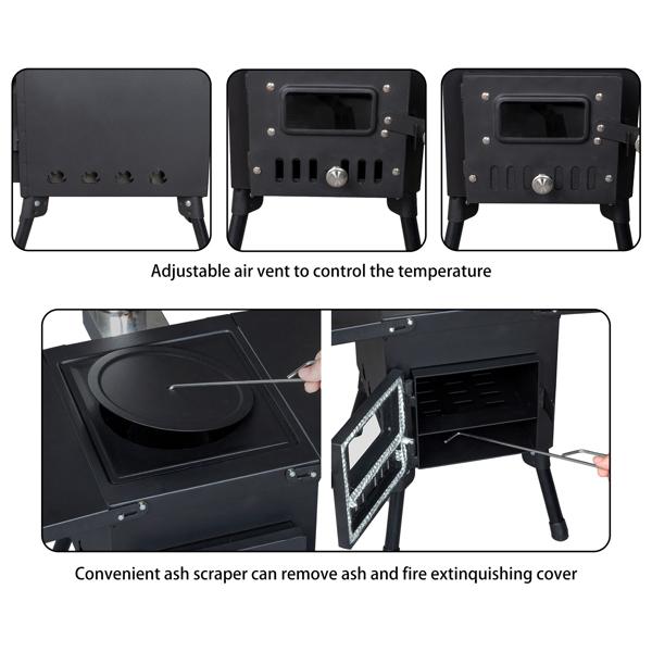 Portable Wood Burning Stove for Tent & Camping, Carbon Steel Folding Heater with 3 Chimney Pipes & Fire Blanket for Ice Fishing, Hunting & Cooking