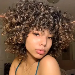 Big Bouncy Fluffy Curly Wig Synthetic Heat-Resistant with Bangs For Women 14 Inch Chemical Fiber Wig with Bangs Ideal for Daily Wear Easy to Put On and Beginner-Friendly