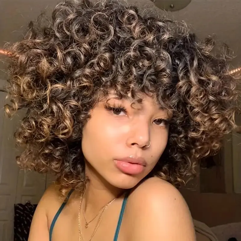 Big Bouncy Fluffy Curly Wig Synthetic Heat-Resistant with Bangs For Women 14 Inch Chemical Fiber Wig with Bangs Ideal for Daily Wear Easy to Put On and Beginner-Friendly