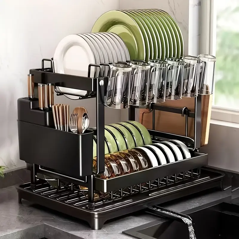 1PCS Large Capacity Double Layer Kitchen Storage Rack Metal Dish Bowl Organizer with Drainage Cutting Board Utensil Shelf No Assembly Needed for Bowls Cups Cutting Boards Countertop Dishes Rack