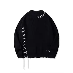 18ACTIVEKITMen's torn lace up off shoulder sweater, loose street fashion long sleeved round neck jumper for spring and autumn, fashionable men's knitwear for daily wear