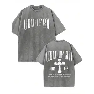 GLEC Child Of God, God Blesses You.Classic Retro Fashion Street Cross Jesus Popular Letter Pattern Print Boutique 230g Washed Cotton T-Shirt,