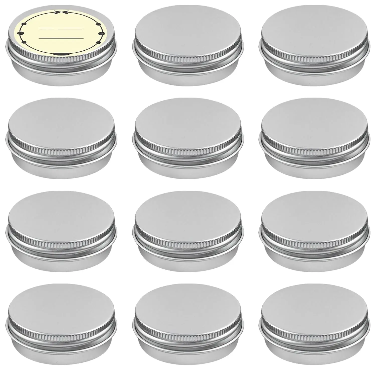 12Pack 1/2 Oz  Tin Cans with Screw Lid and Labels, Refillable Travel Sized  Containers Small Tins for Lip Balms, Salves, Lotion Bars, Candles