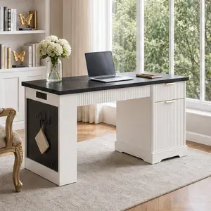 Modern Fluted Compact Cabinet Desk with Storage, 55" Office Computer Writing Desk with Power Outlet, Pegboard, Built-in Shelves, Keyboard Tray for Home Office, Study, White MDF Material, Compact Cabinet Desks