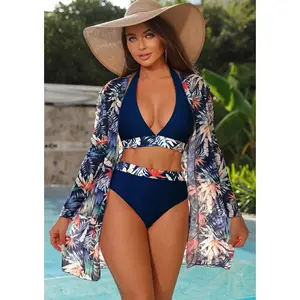 2026 New Navy Bikini with Tropical Print Trim, Halter Style Two-Piece Swimsuit for Poolside Wear