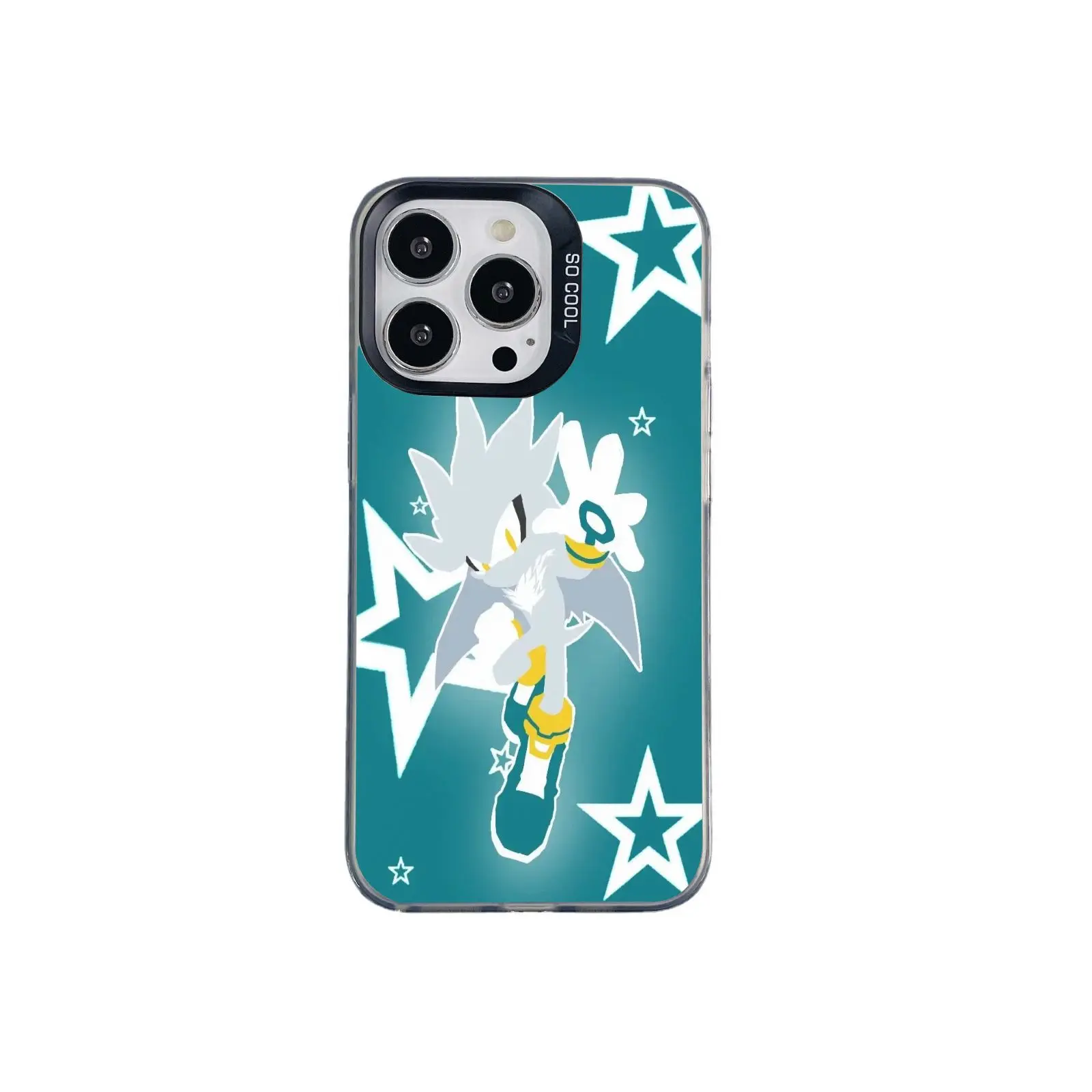Anime-style "fiery-spirited hedgehog" iridescent silver phone case—a unique, premium, full-coverage, drop-resistant case compatible with iPhone 12 through 17.