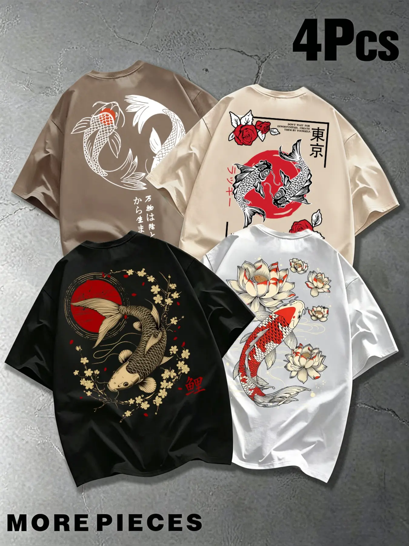 Bestseller Men's Menswear Casual Short Sleeve Graphic T-Shirt, Back Design Tee, Back Print With Traditional Japanese Koi Fish, Florals & Oriental Lettering, Loose Fit Crew Neck Vintage East Asian Streetwear Top, Perfect For Daily & Urban Casual Outfits