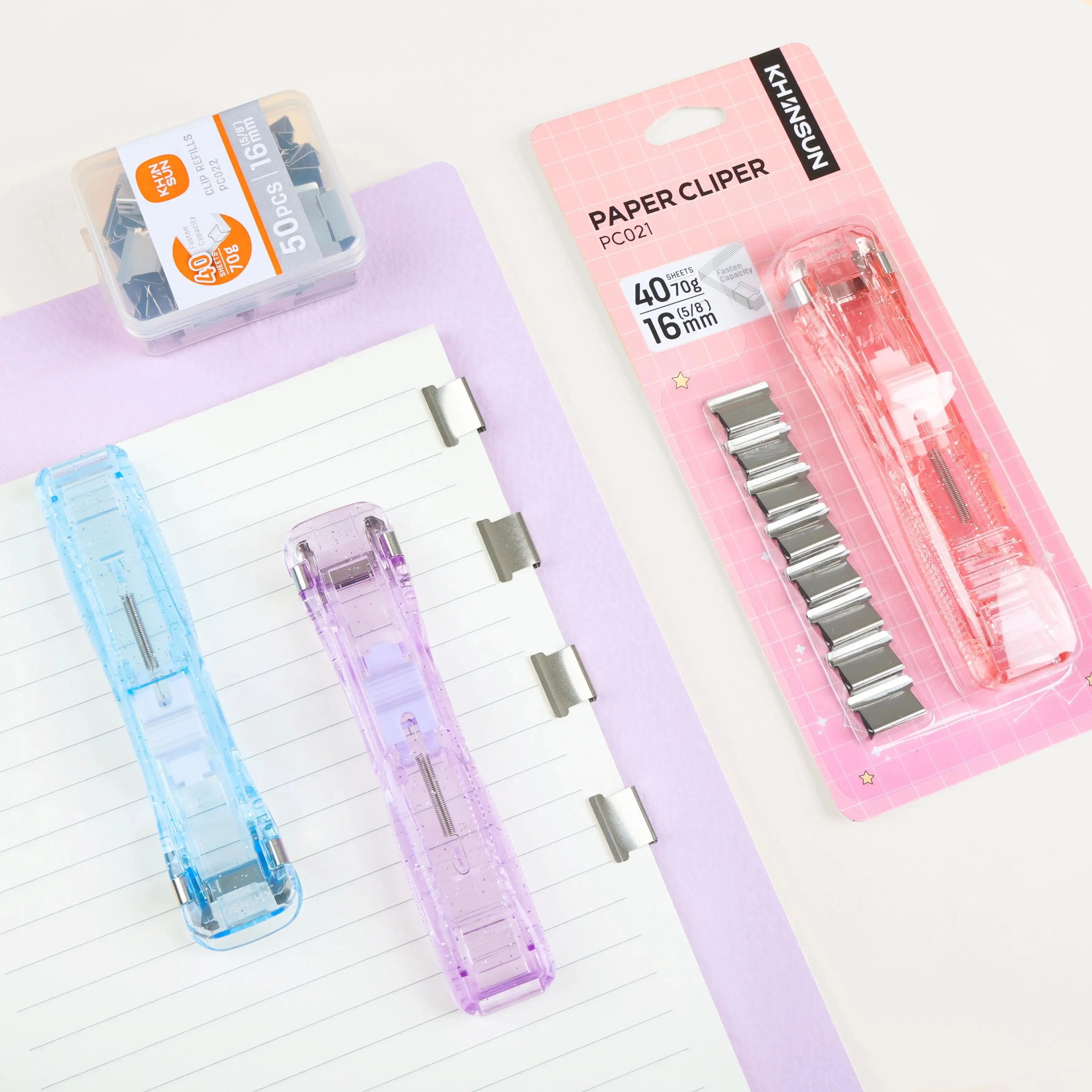 KHINSUN Compact Plastic Paper Clipper Stapling Machine, 1 Box Refill Included, Document Binding Push Clamp Tool, Office & Festive Party Home Supplies