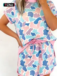 Summer Casual Camouflage Print Round Neck Short Sleeve High Waist Pants Skirt Set, Comfortable and Stylish for Daily Wear Clothes