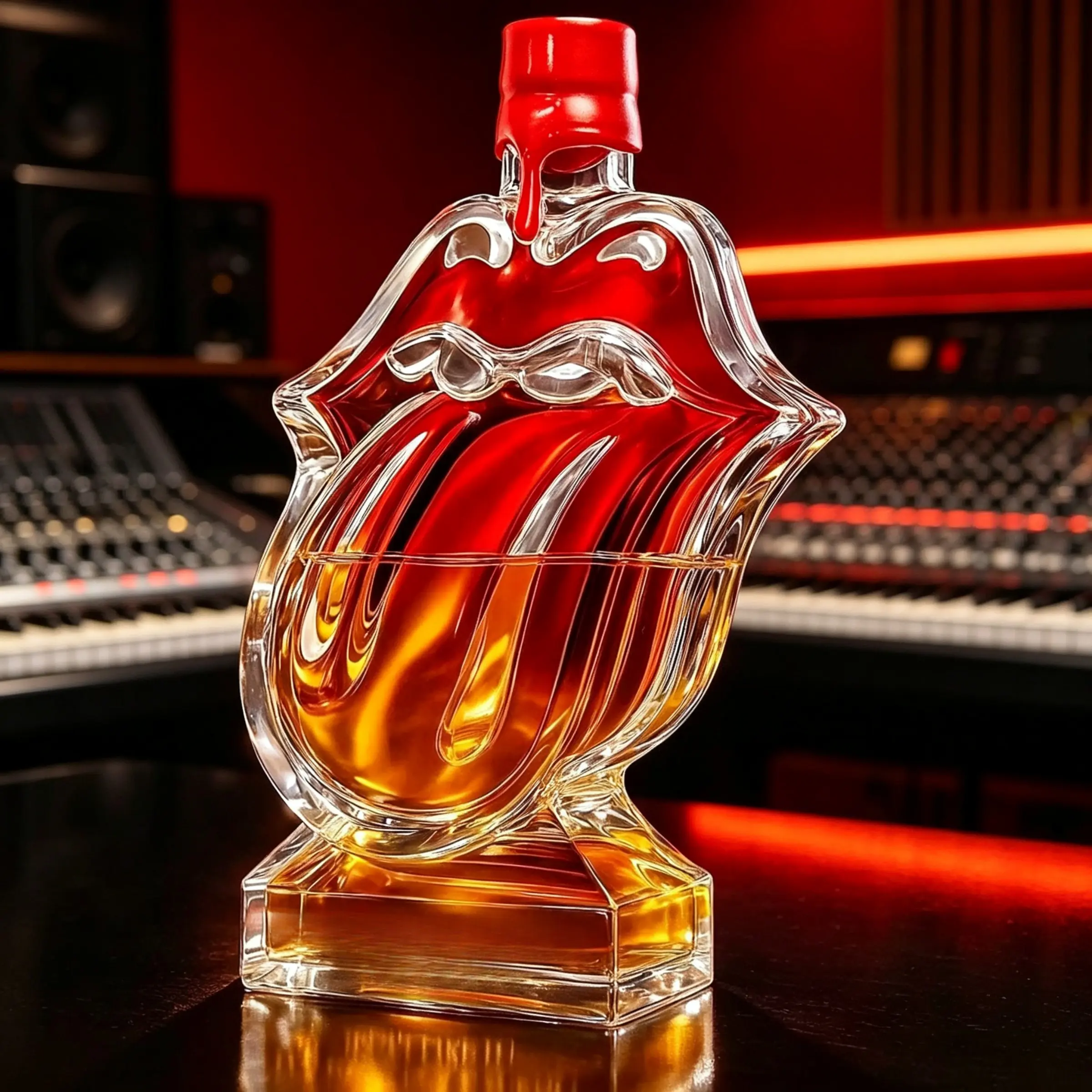 Artistic Tongue‑Lip Contoured Glass Liquor Decanter, Unique Shaped Crystal Whiskey Display Bottle, Stylish Home Bar Tabletop Ornament, home bar accessories, Special Gift for Beverage Collectors.