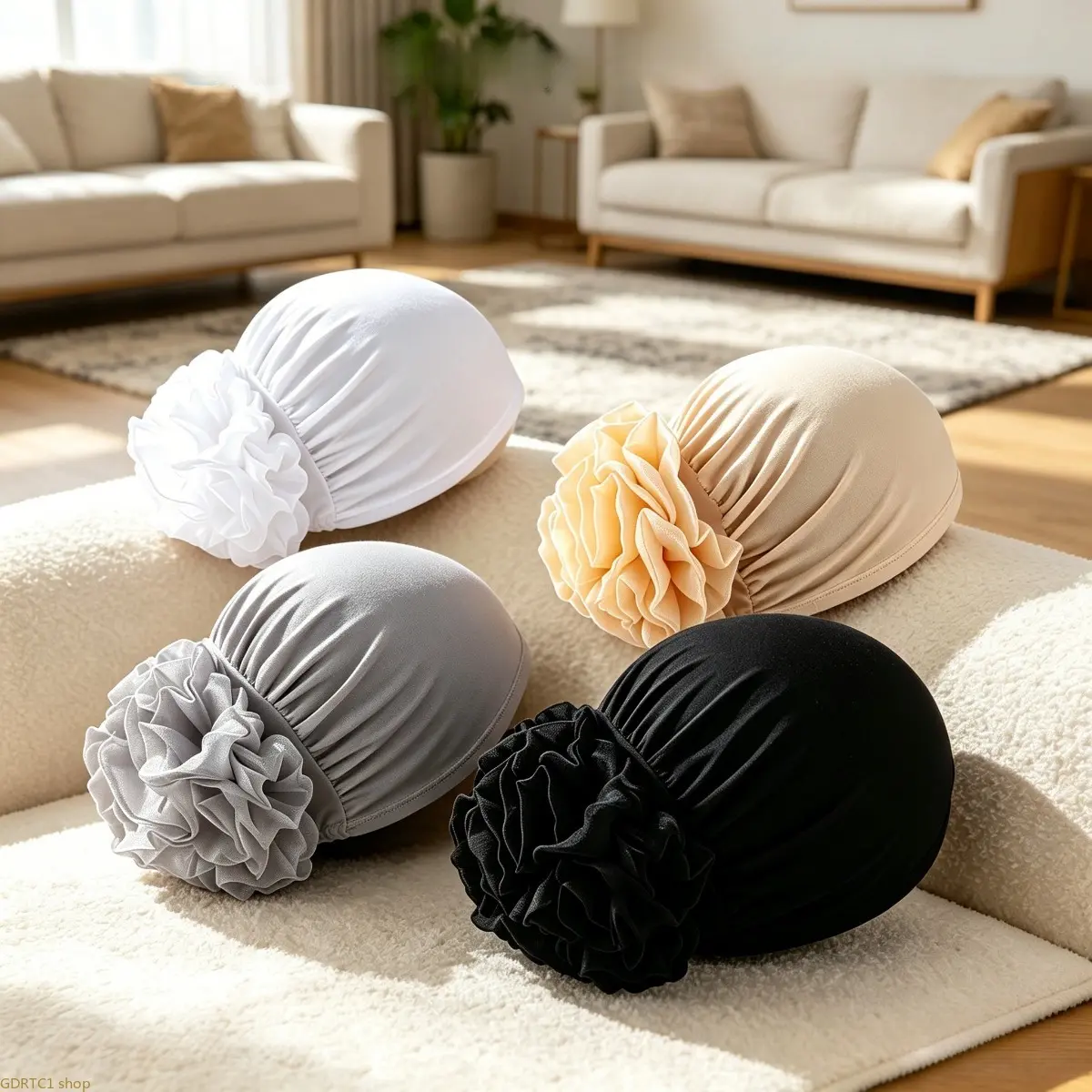 Pre-Tied Ruffle Flower Turban Hat - Stretchy Soft Headwrap - Hair Friendly Daily Headwear for Women