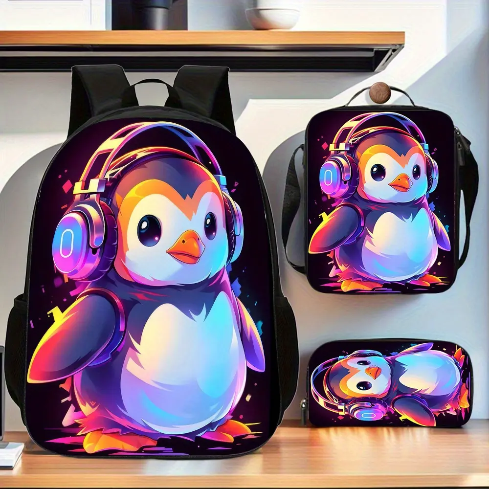 Kids' 3-Piece Backpack Set with Insulated Lunch Box & Pencil Case, Water Resistant 600D Oxford with Neon DJ Penguin Print for Daily School, First Day Of School, Zipper, Breathable, Cute Backpacks, Rainbow