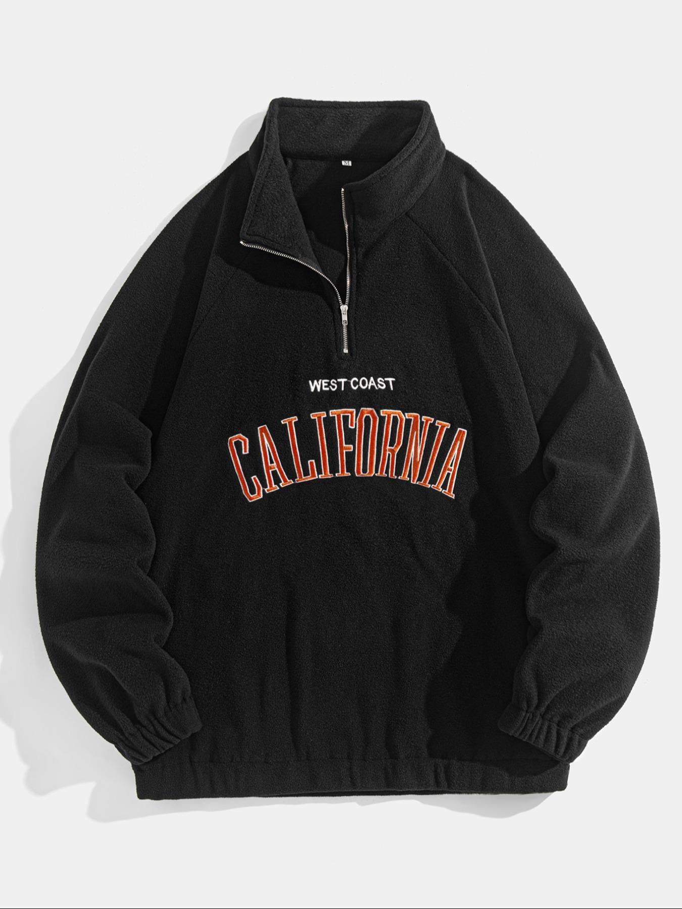 Men's Letter Embroidery Polar Fleece Quarter Zip Sweatshirt, Casual Regular Fit Raglan Sleeve Stand Collar Pullover for Fall & Winter, Fashion Men's Clothes for Daily Wear, Long Sleeve, Menswear