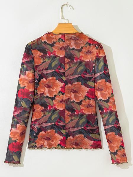Floral Print Mesh Long Sleeve Top, Women's Casual Round Neck Ruffle Hem Blouse, Spring & Fall Fashion