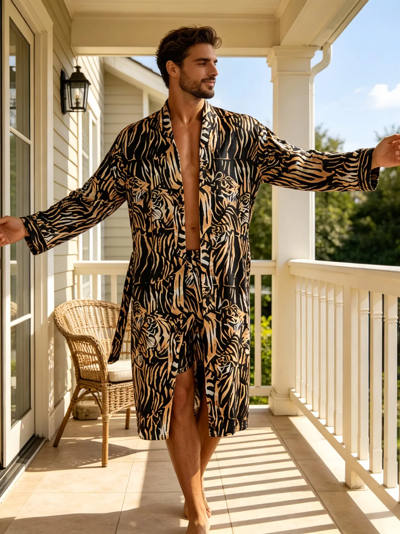Men's Tiger Print Satin Long Sleeve Robe and Shorts Set, Loose Fit, Comfortable and Breathable, Ideal for Home, Vacation, Casual Wear, Summer Clothes