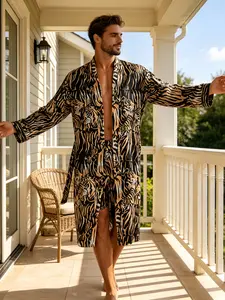 Men's Tiger Print Satin Robe and Shorts Set, Loose Fit, Comfortable and Breathable, Ideal for Home, Vacation, Casual Wear