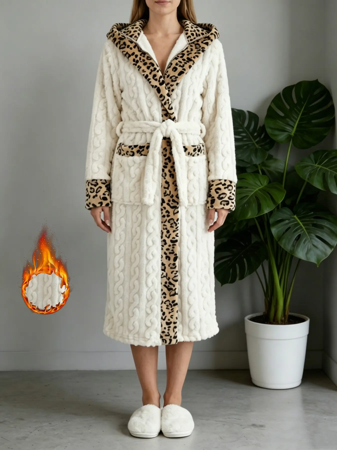 Autumn Winter Retro Vintage Leopard Print Hooded Bathrobe for Women, Long Flannel Sleep Robe Nightwear Loungewear with Adjustable Tie Waist, Dual Pockets Home Wear