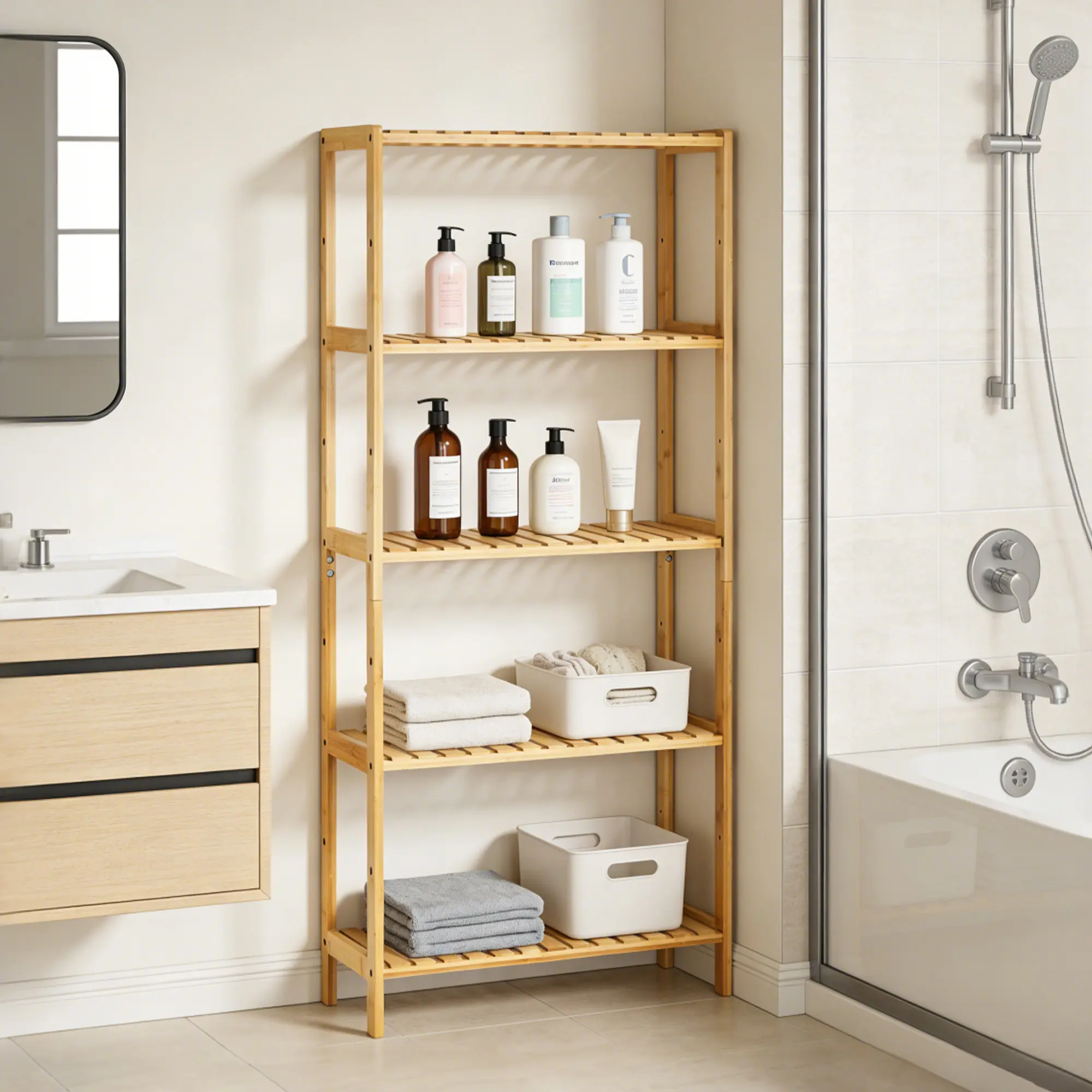 Space-Saving 5-Tier Wide Wooden Bathroom Shelf Organizer – Slatted Storage Rack for Towels, Plants, Entryway, Bedroom, Kitchen, Sunroom – Narrow Corner Design – Durable Natural Wood