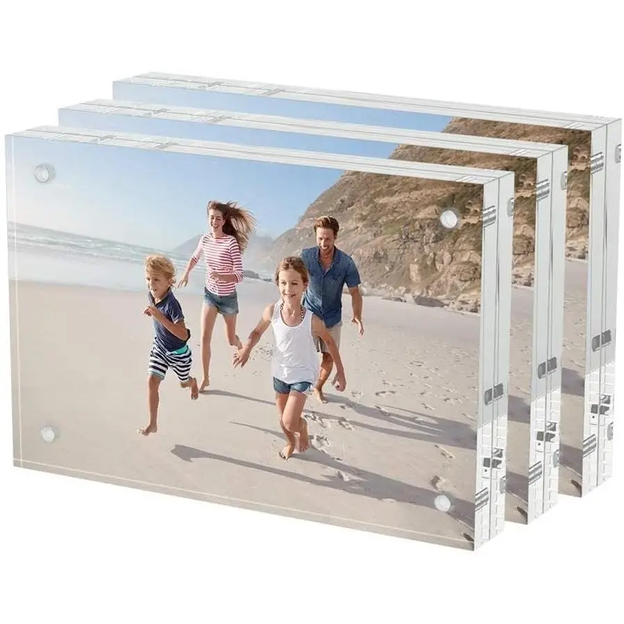 4x6 Acrylic Picture Frames 3 Pack 20% Thicker Freestanding Double Sided Magnetic Lucite Frameless Transparent Square Block Gift for Desktop Display