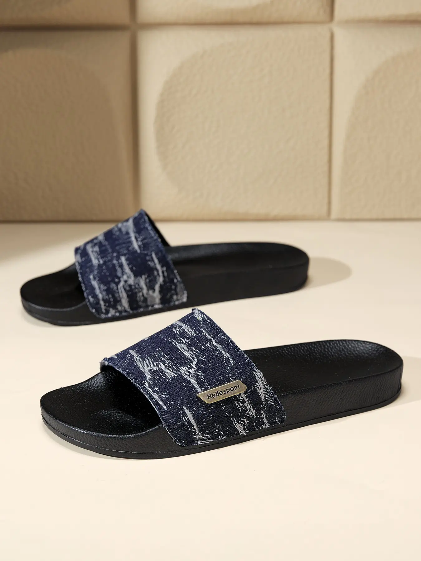 Men's Vintage Denim Slipper Sandals, Asymmetrical Design, Wide Fit, PVC Sole, Casual Style, Lightweight Eva Material, Perfect for Summer