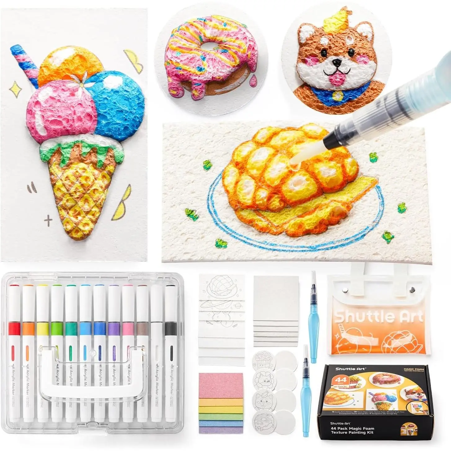 44 Pcs Magic Foam Texture Painting Kit, Including 28 Pcs Foam Texture Paper, 12 Colors Brush Tip Acrylic Paint Markers, Magical 3D Effect Painting Kit
