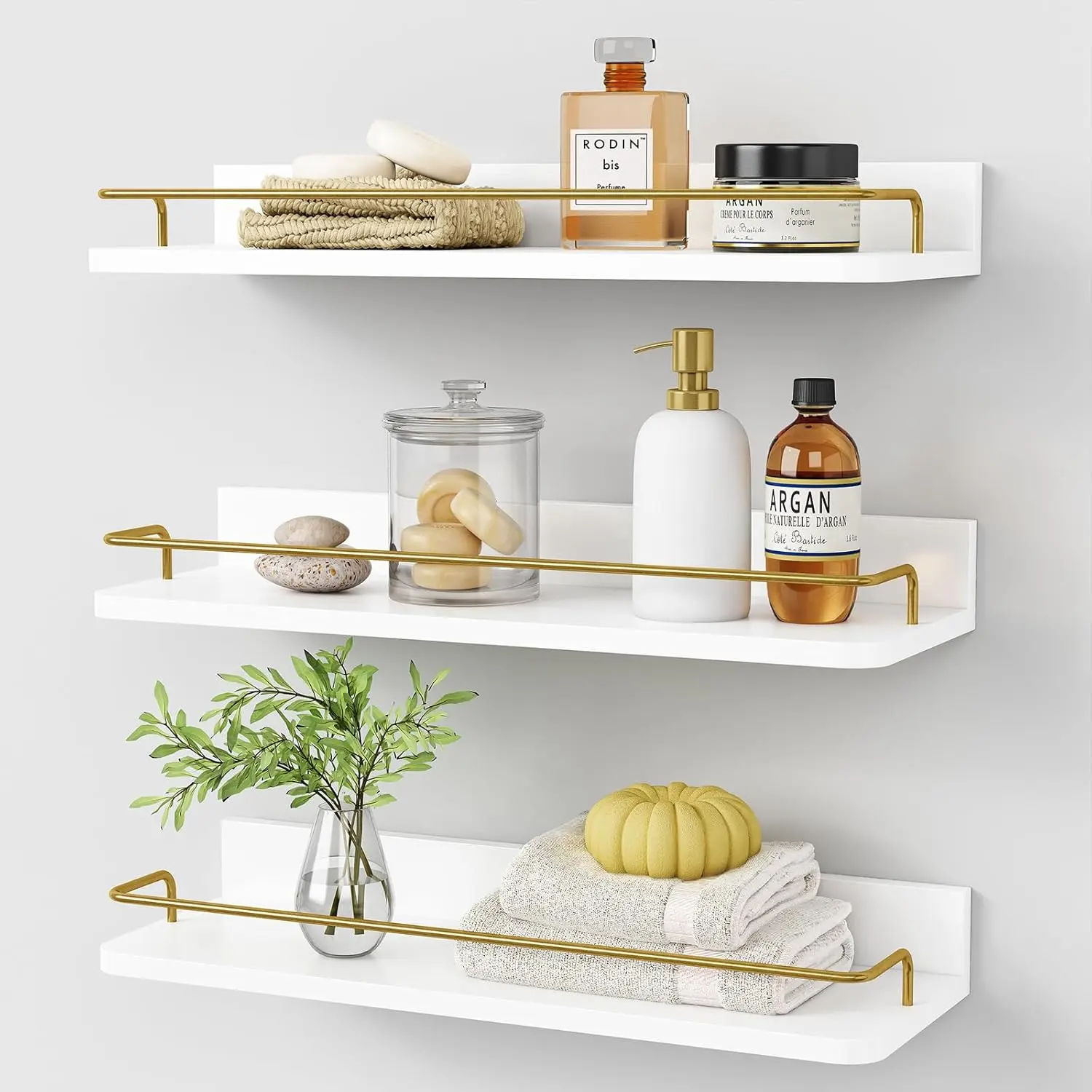 Floating Shelves for Wall Decor Set of 3, Bathroom Shelves Over Toilet, Modern Display Wall Shelf with Guard Rail for Living Room Bedroom Organizers and Storage - White and