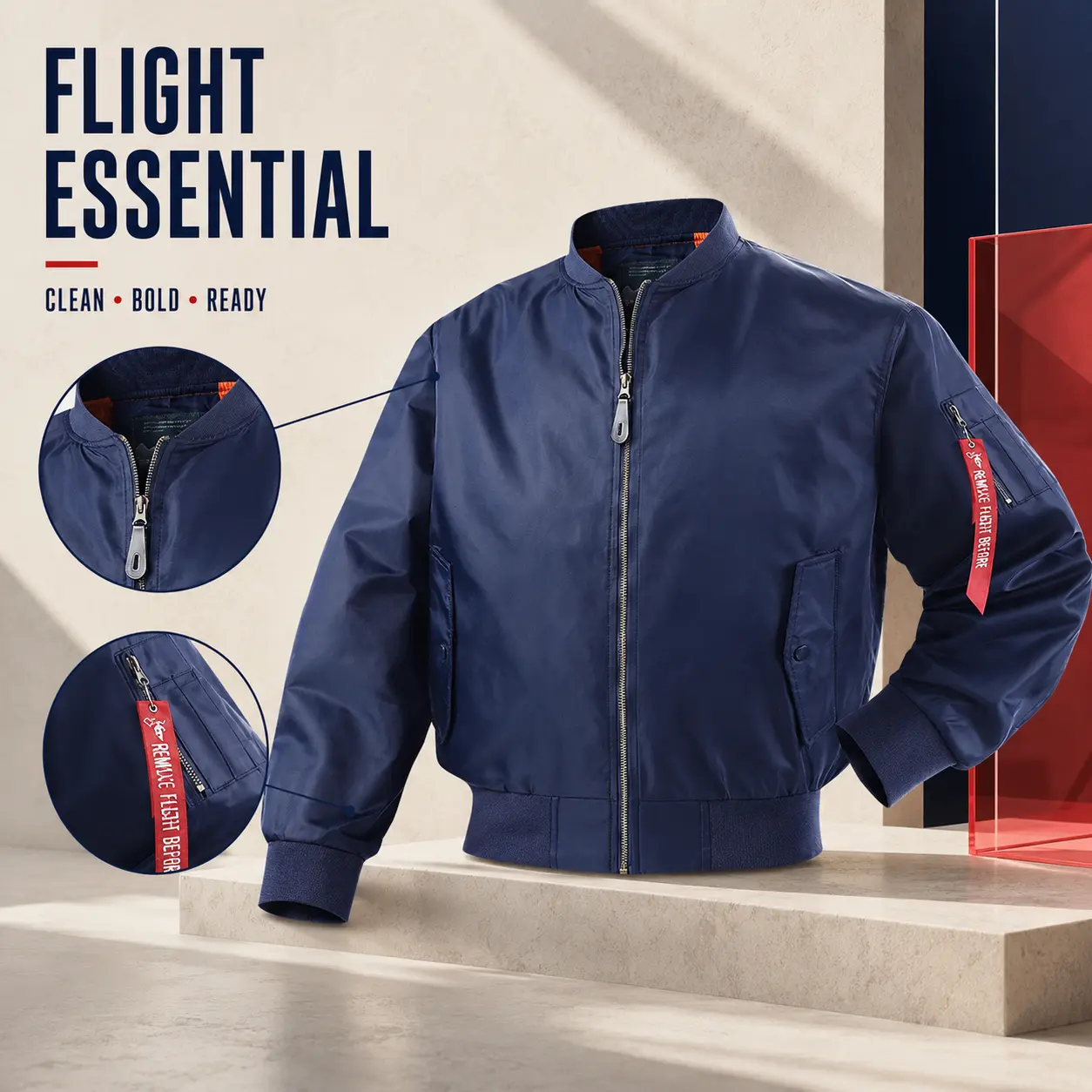 Men's Classic MA-1 Bomber Jacket, Zip Up Military Style Flight Jacket With Red Tag
