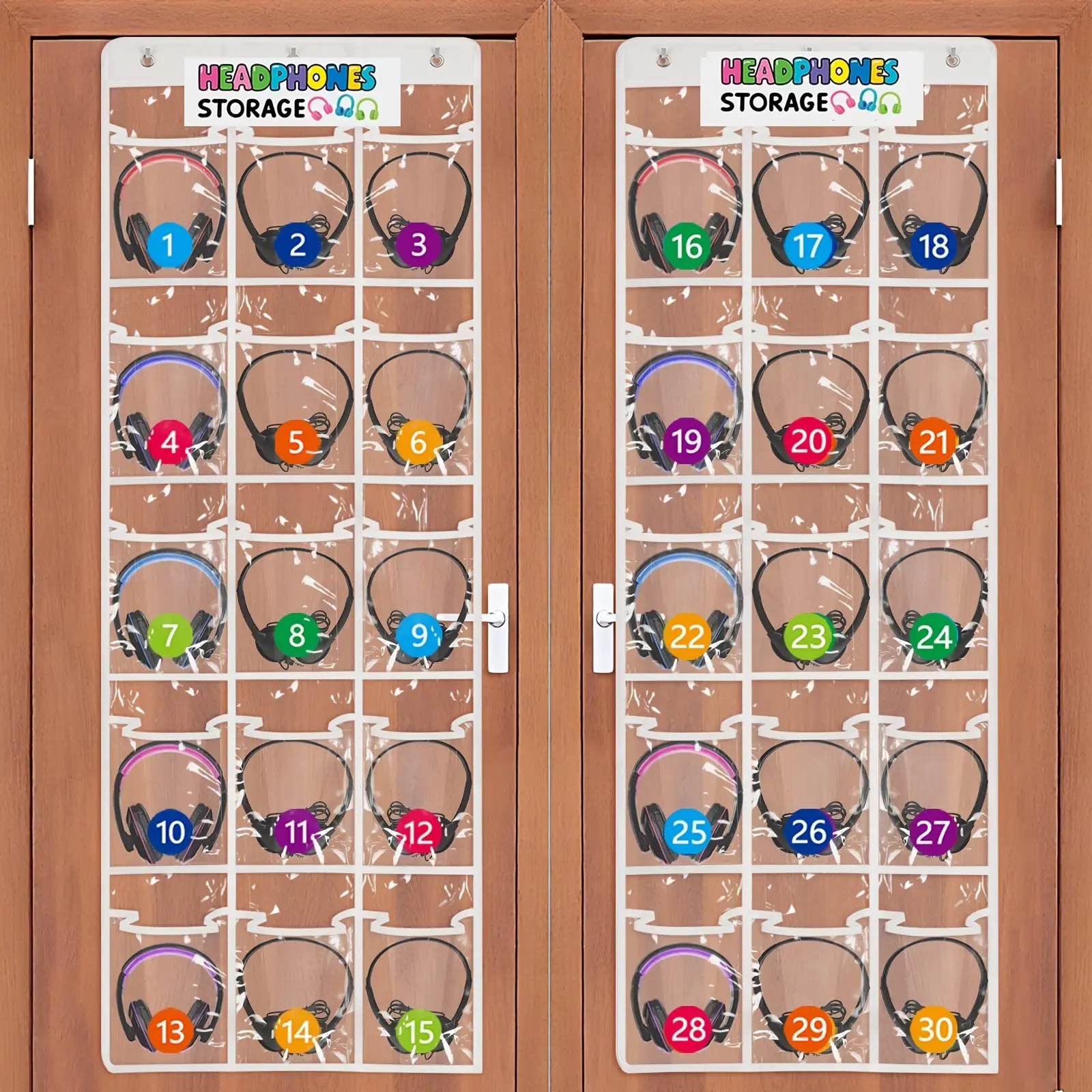 2pcs Classroom Headphone Storage Organizer with 30 Pockets, PVC Clear Classroom Pocket Chart for Headphone Cell Phone Over-the-Door Hanging Headphone Holder Bag with 62 Labels