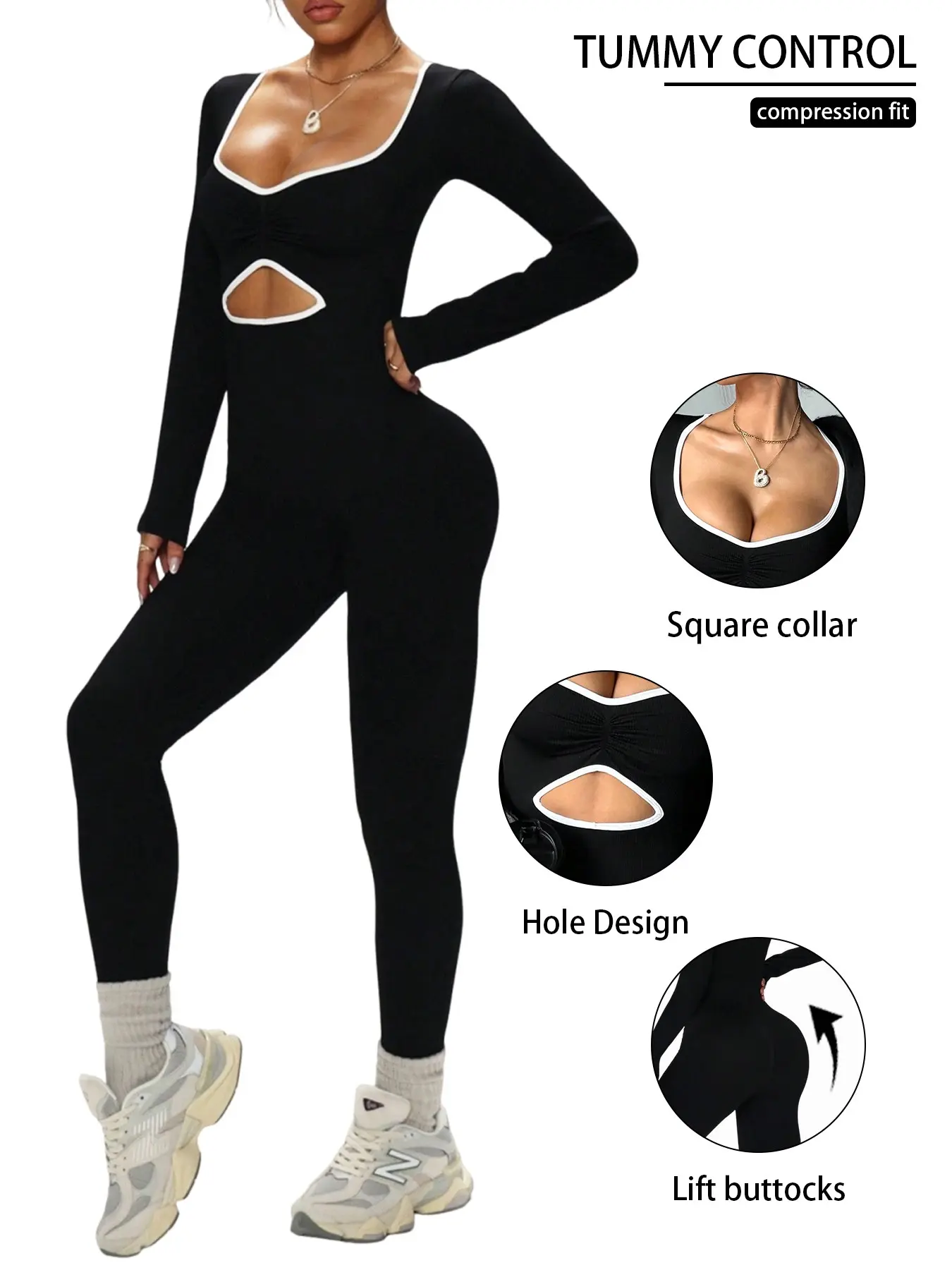 White-edged square-neck ruched women's jumpsuit, high elasticity jumpsuit, square neckline jumpsuit, waist and abdomen cut-out ribbed high-stretch butt-lifting, American-style sporty hot girl one-piece pants