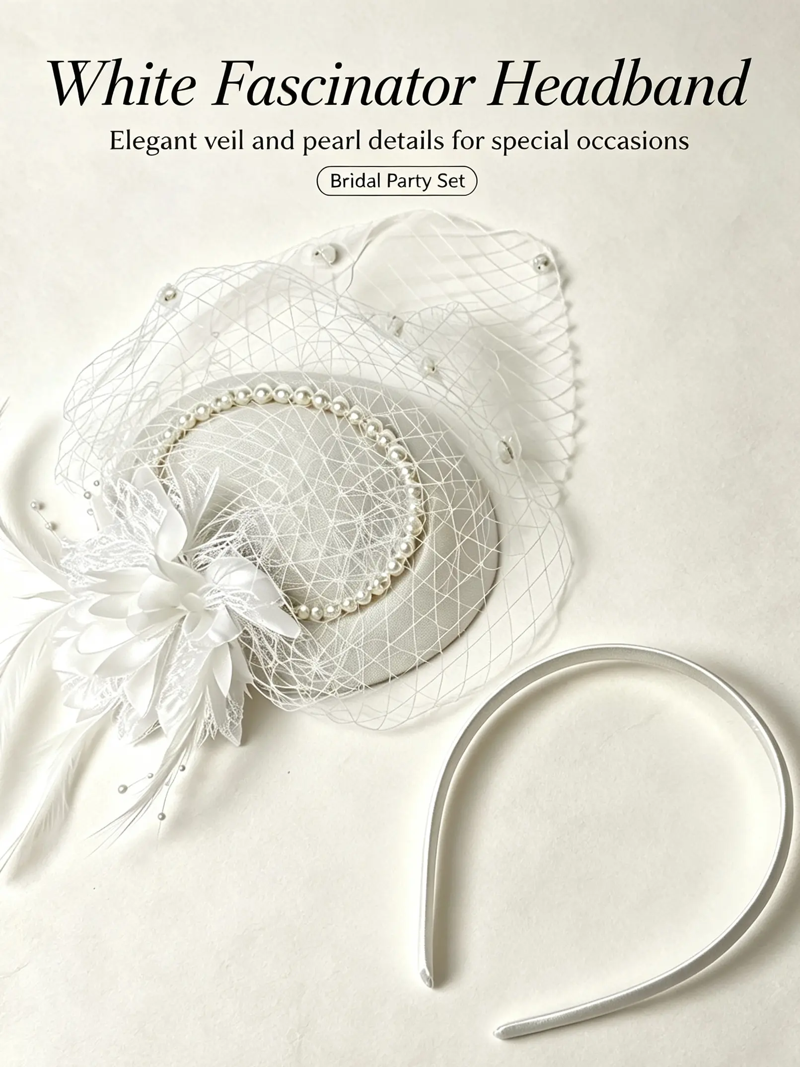 White Fascinator Hat With Headband Set Pearl Net Veil Feather Flower Fascinator Bridal Hair Accessory For Wedding Guest Evening Party