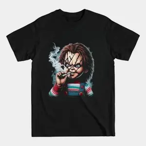 Halloween Chucky-Inspired Men'S 3D Printed T-Shirt - Casual Polyester, Crew Neck, Machine Washable, with Stitched Detail - Black Streetwear Crewneck