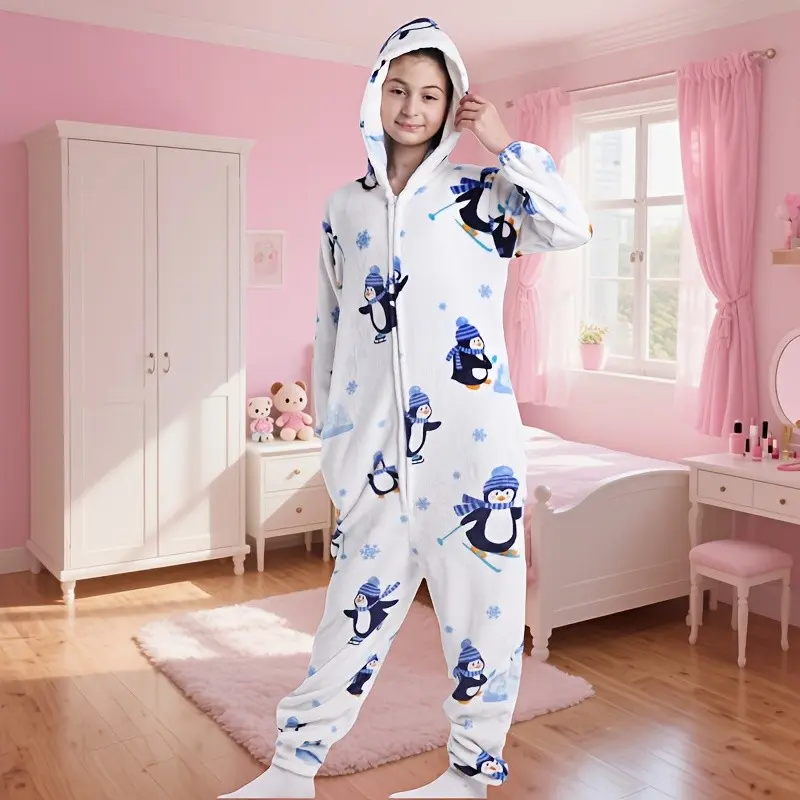 1pc Penguin Print Baby Onesie, Long Sleeve, Flame Retardant High-Quality Fabric, Comfortable Fit for Babies 49.21-53.14 Inch Tall