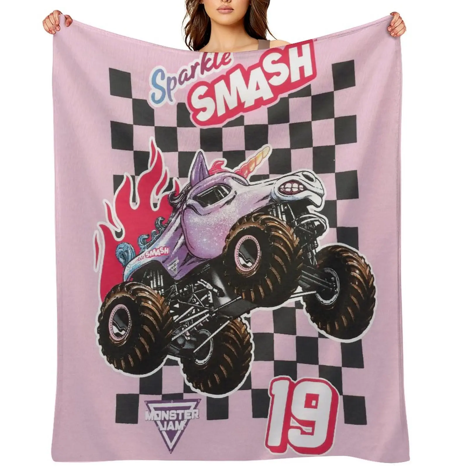 Monster Jam Sparkle Smash Blanket - Pink Unicorn Monster Truck Throw, 50x60 in, Vintage Bedding for Girls' Room, Suitable for Home/Sofa/Bed