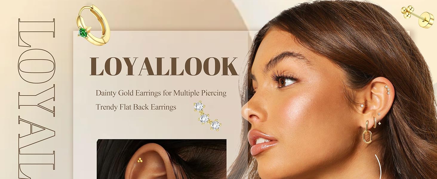 LOYALLOOK 11Pairs Gold Hoop Earrings for Women-Hypoallergenic Surgical Steel Earrings 14K Gold Plated Cartilage Earring Sets for Multiple Piercing Trendy Earring Stacks Flat Back Stud Hoops