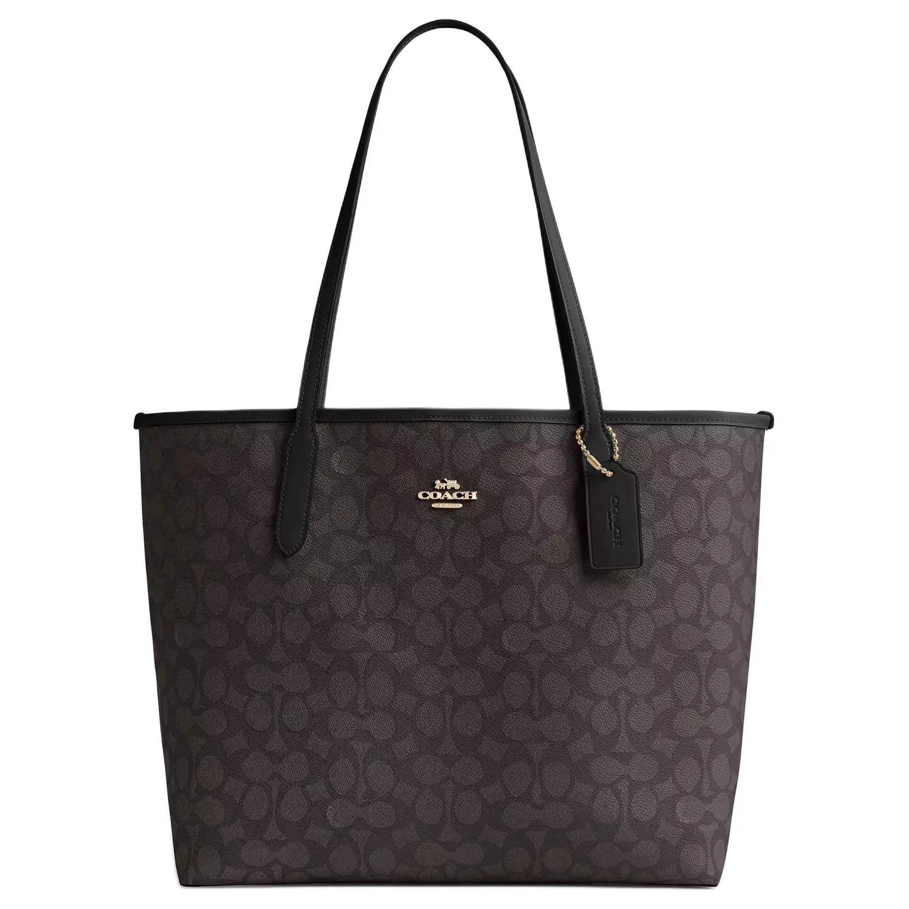 COACH City 33 Logo Magnetic Clasp Tote Bag for Women – Coated Canvas, Black and Brown, Oversized Shoulder Bag