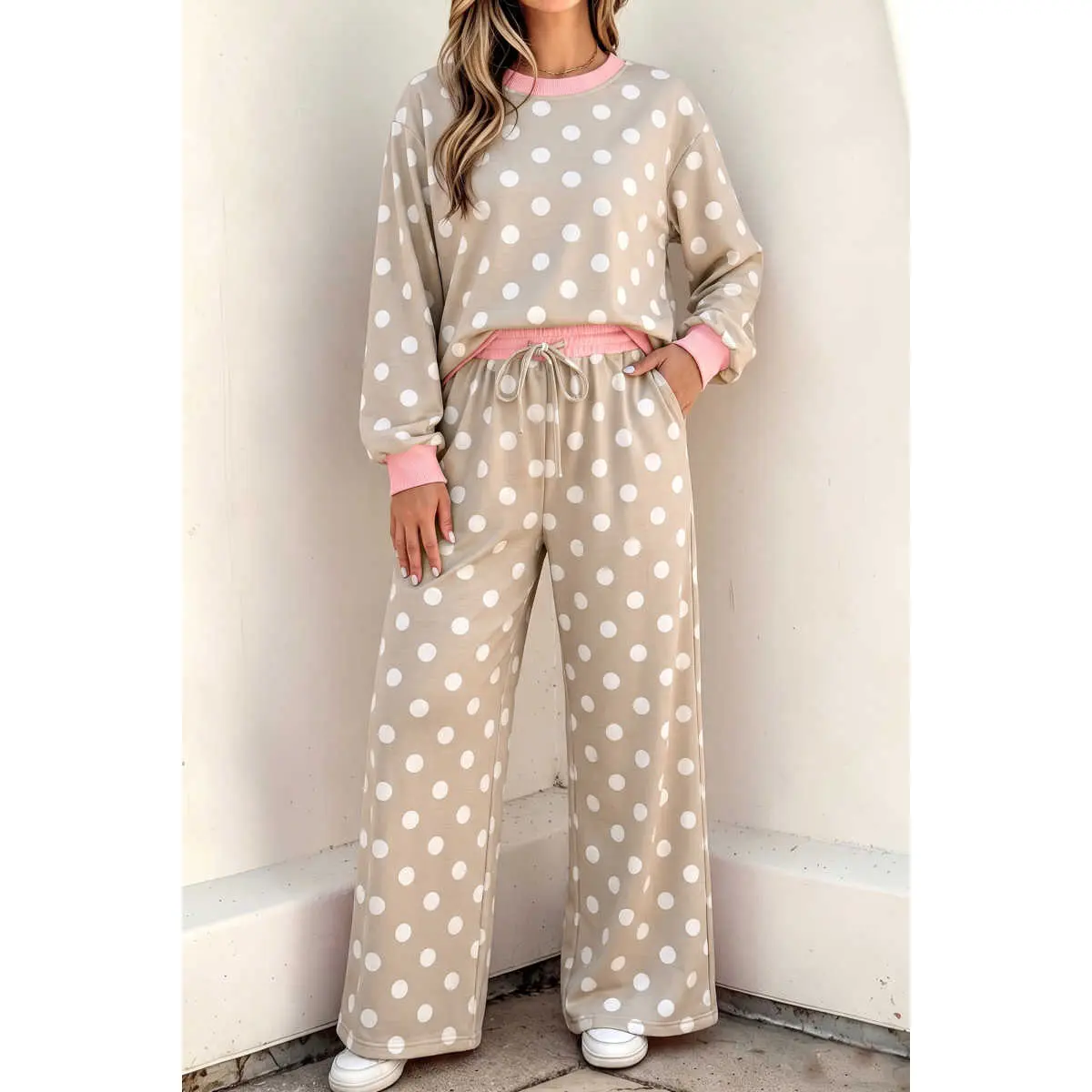 Khaki Polka Dot Contrast Trim Long Sleeve Top Drawstring Shift Pants Set