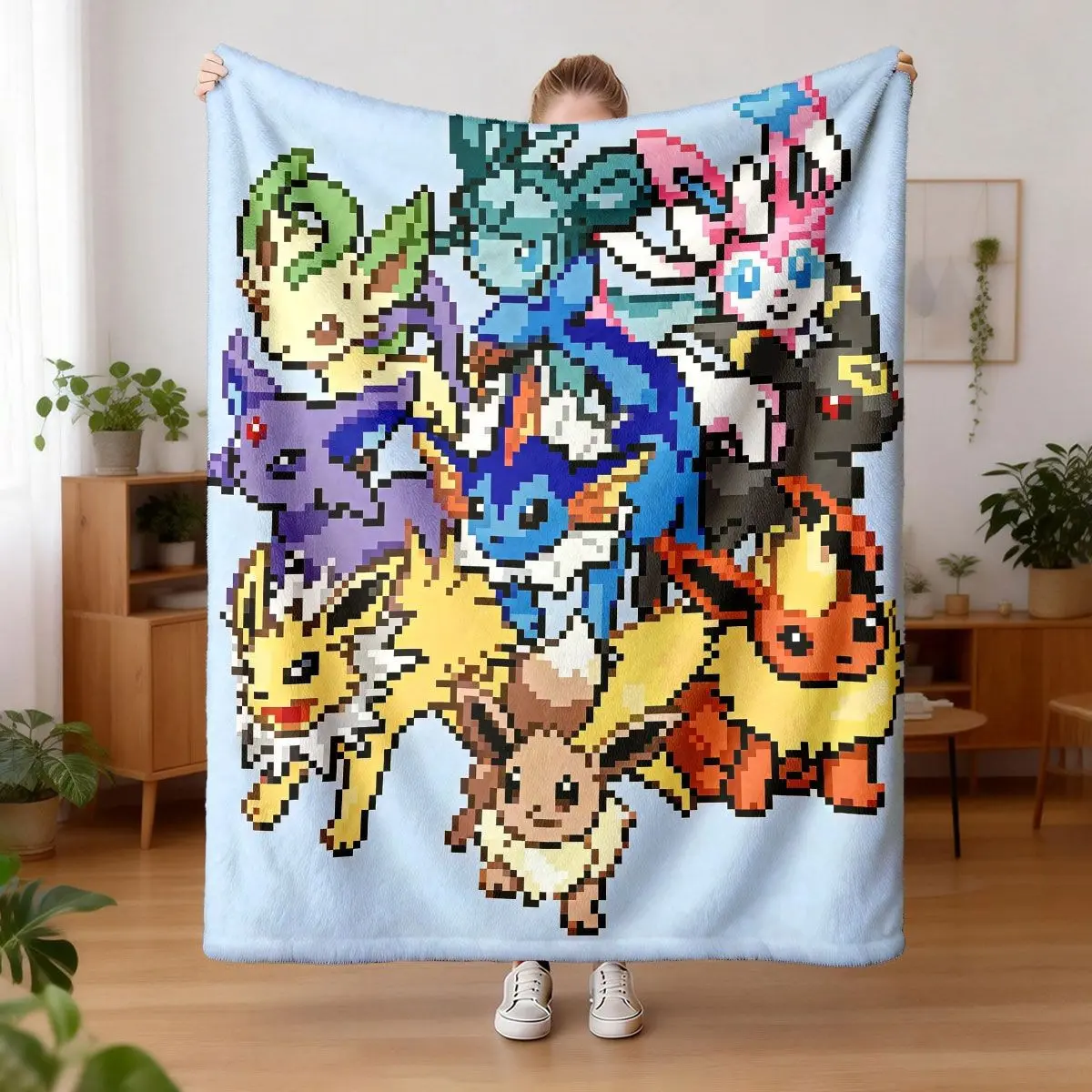 Pokémon Eevee Family Pixel Fleece Blanket, Comfortable and Warm, Durable for Sofa, Office, Bed, Camping, Travel, Ideal Holiday Gift