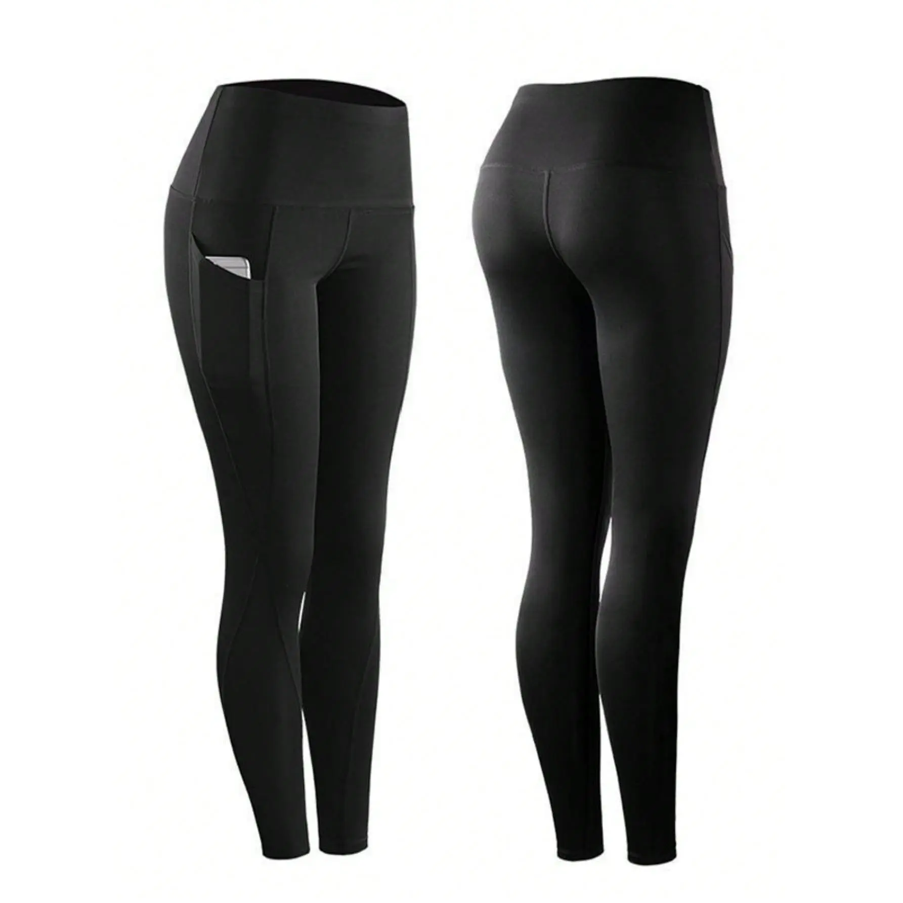 With Pockets - Stretch Four Seasons Sports Compression Leggings - Women's High Waist Yoga Pants, Solid Color Polyester Knitted Fabric, Sports Style, High Stretch Adult Running Leggings