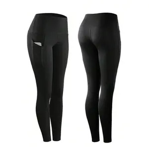 With Pockets - Stretch Four Seasons Sports Compression Leggings - Women's High Waist Yoga Pants, Solid Color Polyester Knitted Fabric, Sports Style, High Stretch Adult Running Leggings