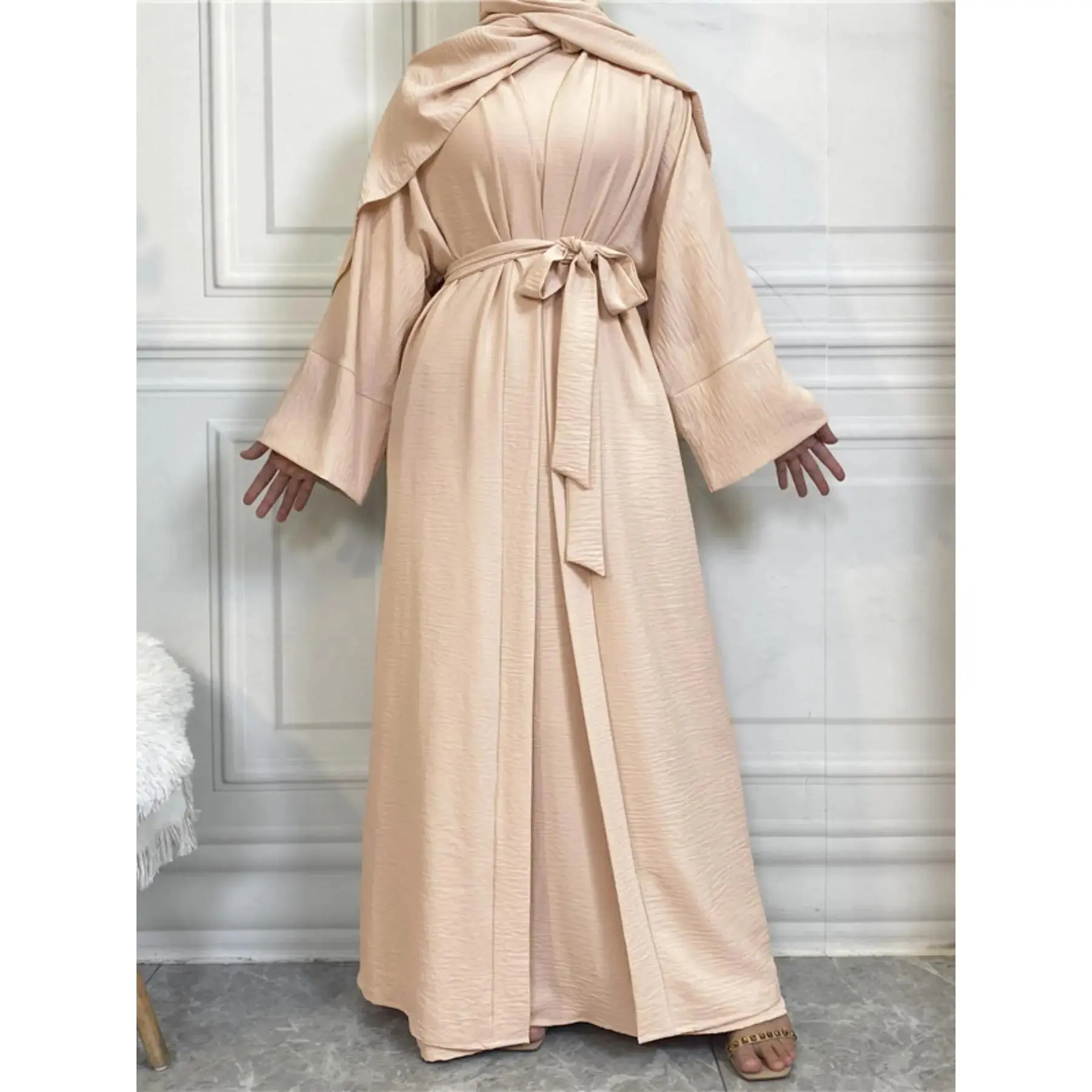 1Fashion Muslim Set, Turkish Dubai Plain Women's Two-Piece Belt Tank Dress & Long Robe Set, Spring Modest Style, Classy Modest Dresses, Modest Muslim Outfits, Modest Muslim Clothing