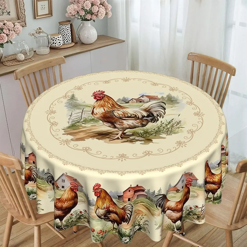 Vintage Farmhouse Rustic Charm Rooster Print Round Tablecloth, Furniture Protector, Scratches, Party Decor, Casual Gatherings, Hotel Restaurant Dining Room Home Kitchen Use, 1pc