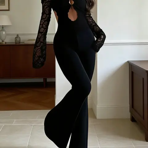 Sexy Long Sleeve Lace Backless Feminine Women Jumpsuit, Jumpersuit, Jumpsuits Overalls, Perfect for Daily Wear, Slim-Fitting Design, All Seasons Fashion, Plain Pattern